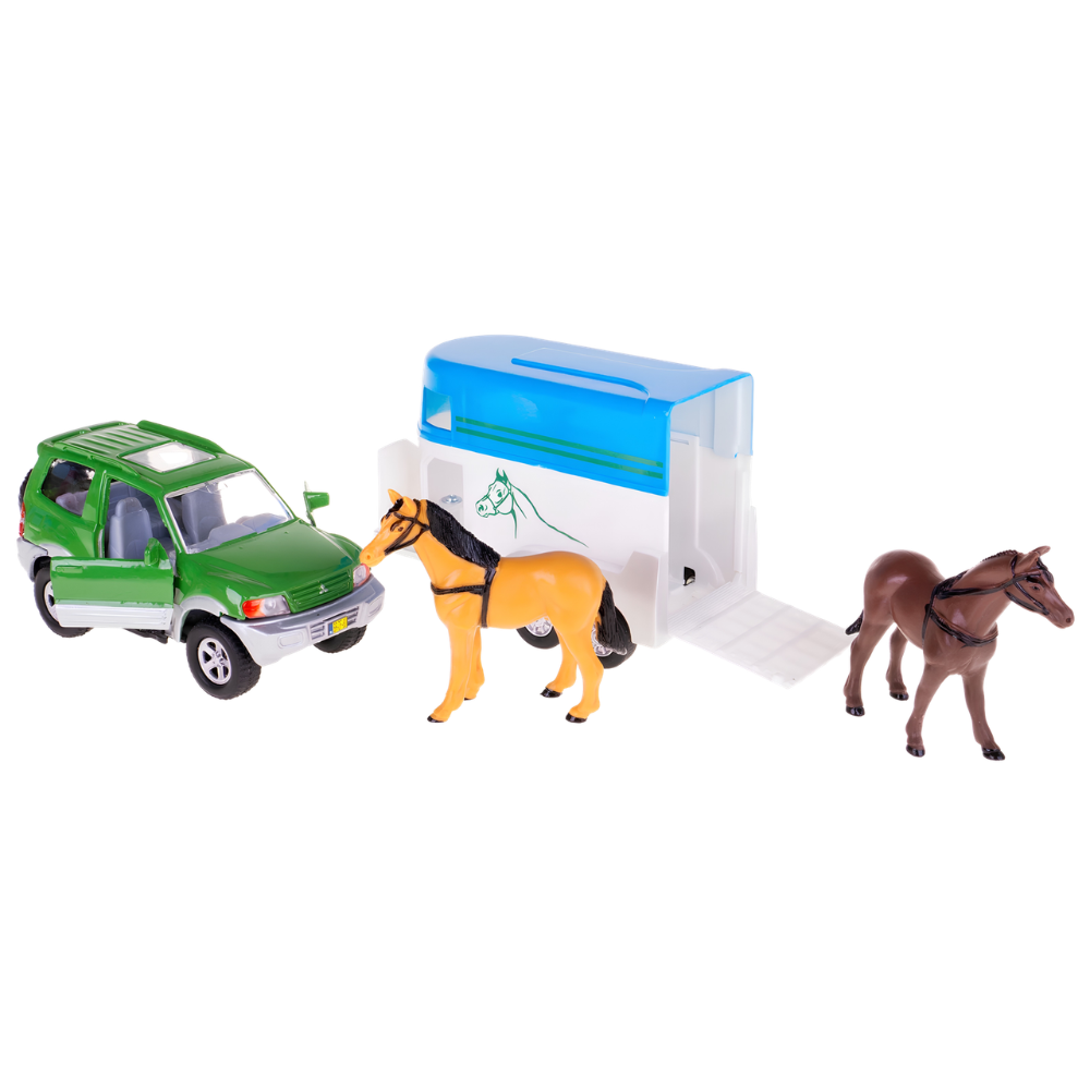 Mitsubishi Pajero Diecast Car Toy with Horse Trailer and 2 Horses Pull Back 1:32