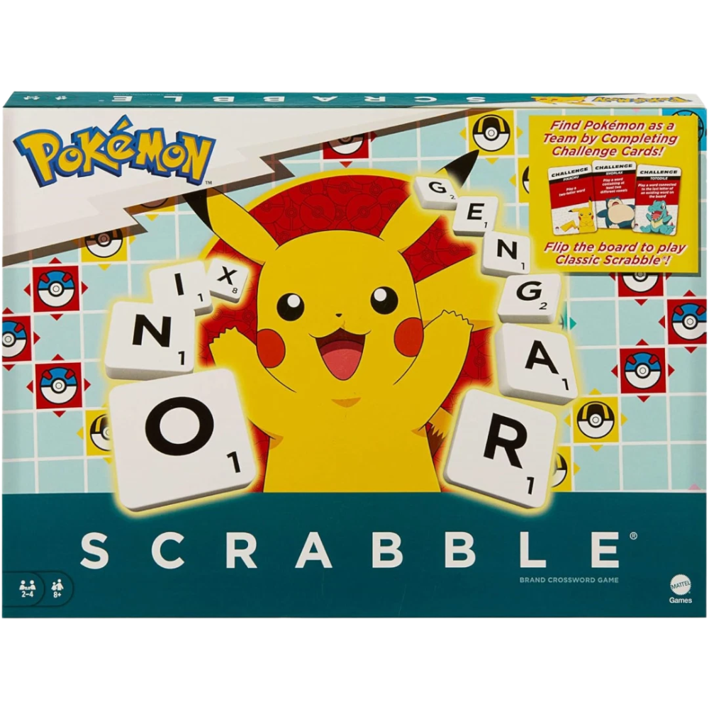 Scrabble Pokémon Word Board Game with 50 Challenge Cards Mattel Family Game Ages 8+