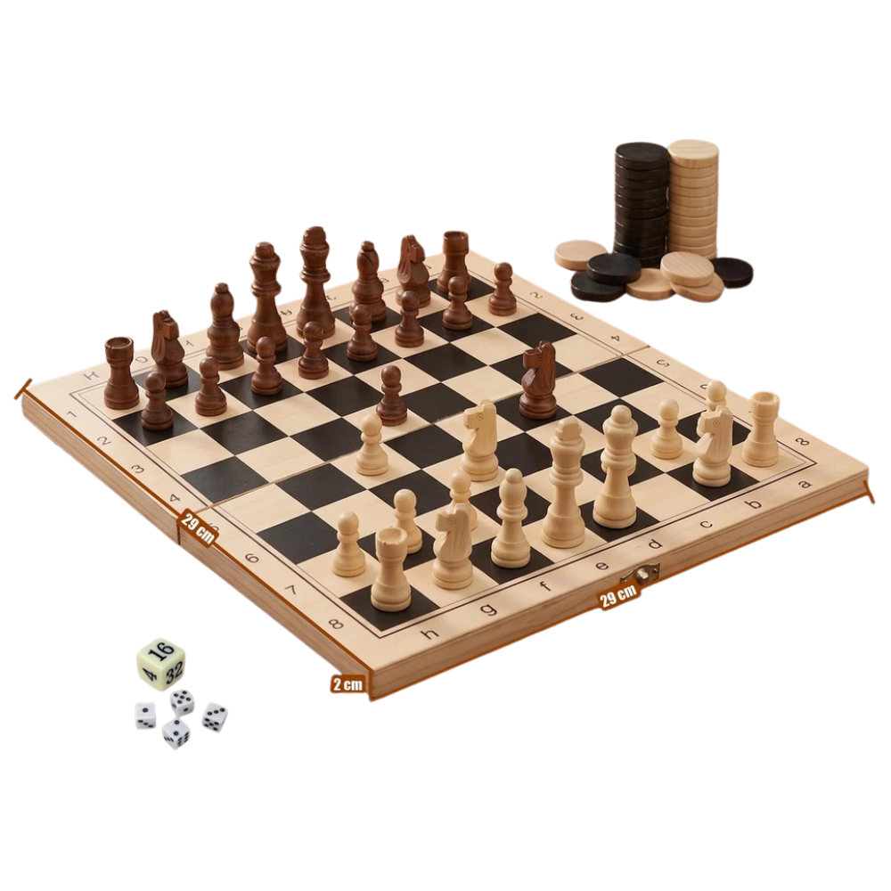 3 in 1 Wooden Board Game Set Chess Draughts Backgammon Folding Portable Strategy Games 3+
