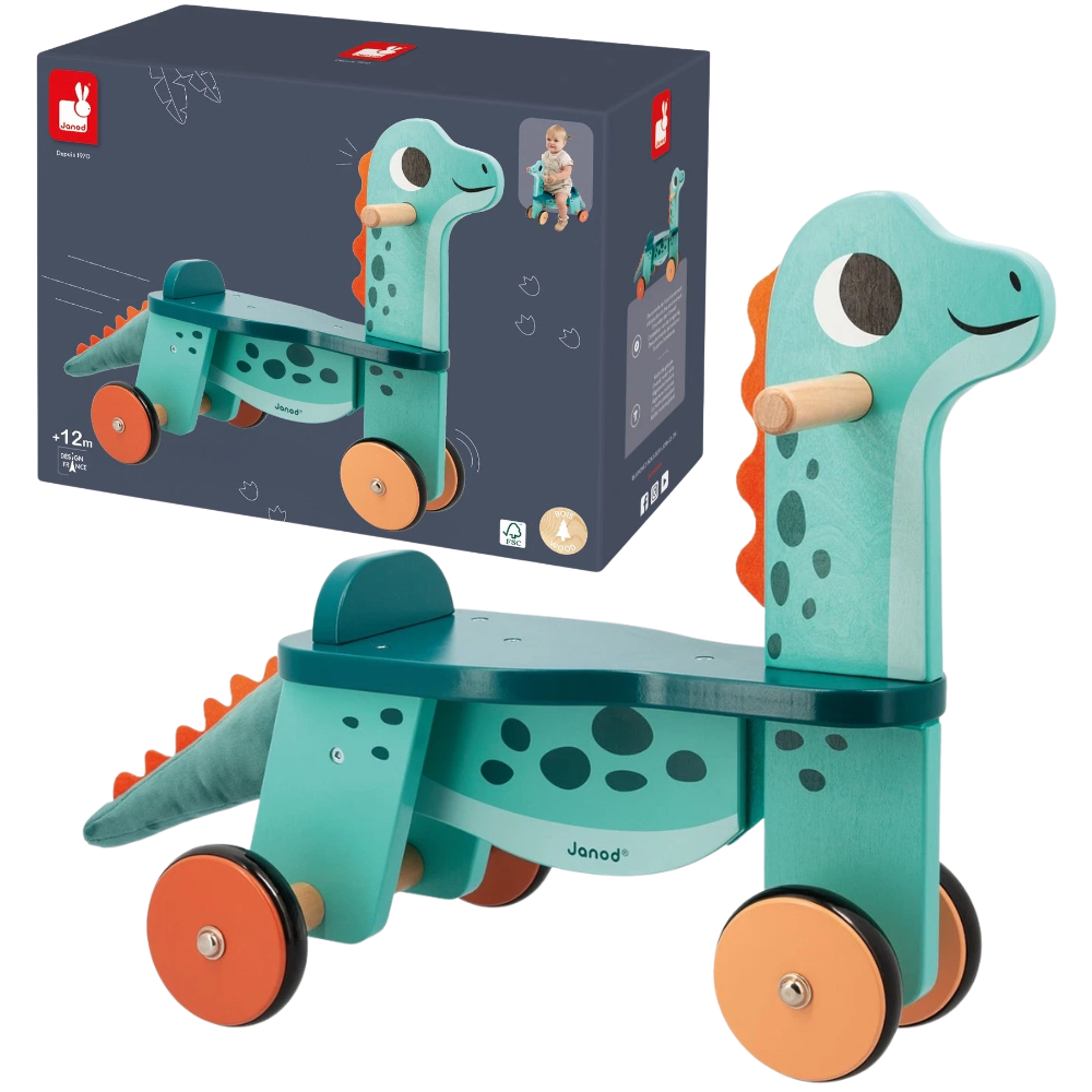 Janod Dino Portosaurus Wooden Ride-On Toy for Toddlers 12 Months+, 4-Wheel Dinosaur