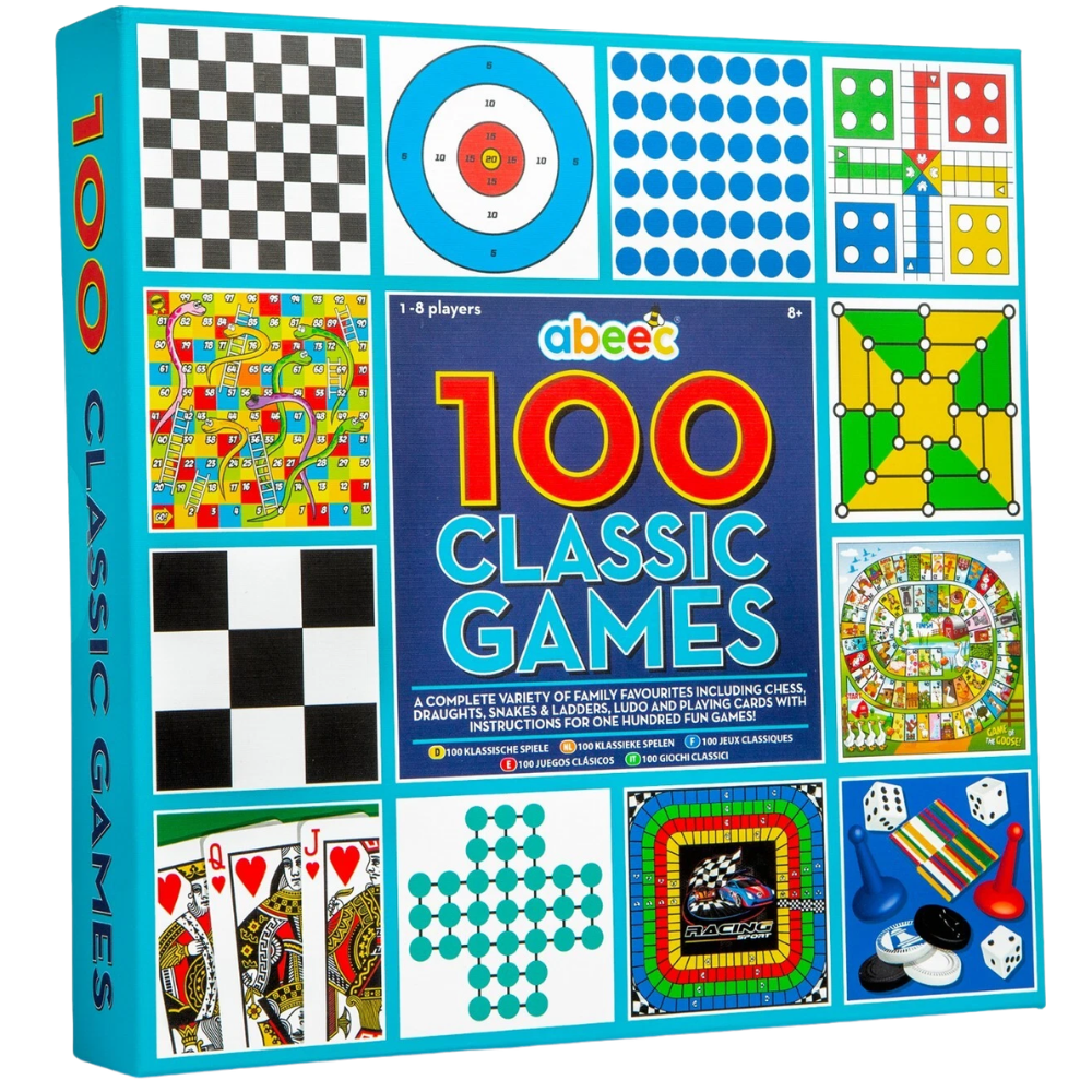 Abeec 100 Classic Games Compendium Family Board Games Set Ludo Chess Draughts Dominoes Cards Snakes & Ladders