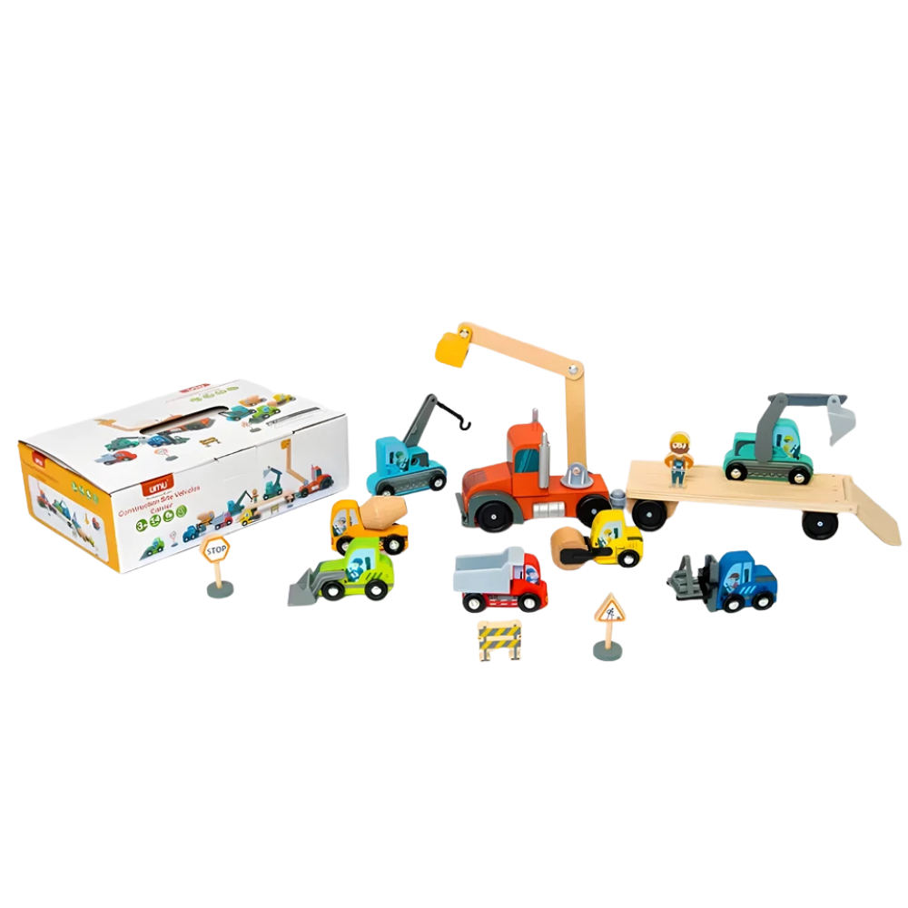 RLS 14-Piece Wooden Construction Vehicle Toy Set with Transport Truck, Digger and Road Signs