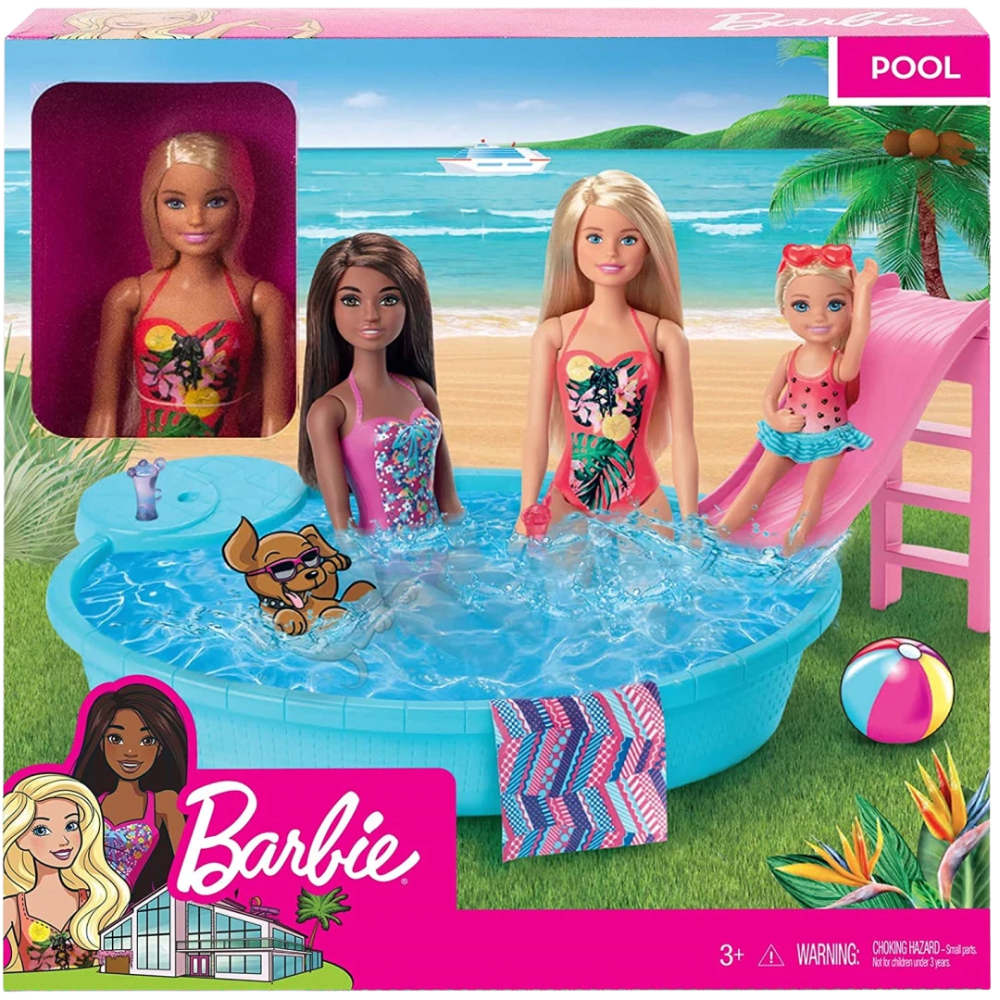 Barbie Doll Summer Pool Playset with Slide, Drinks & Accessories Mattel Girls 3+
