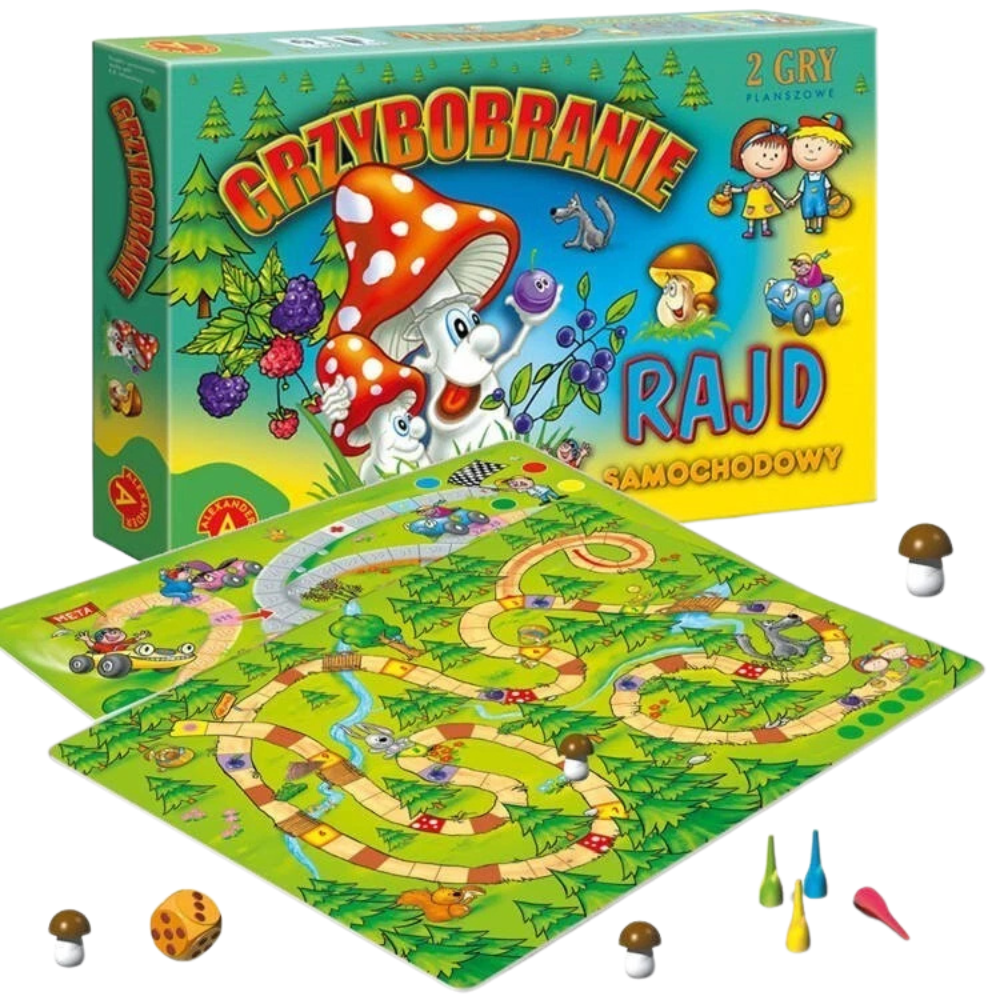 Grzybobranie and Car Rally 2-In-1 Polish Family Board Game for Kids and Adults Party Fun