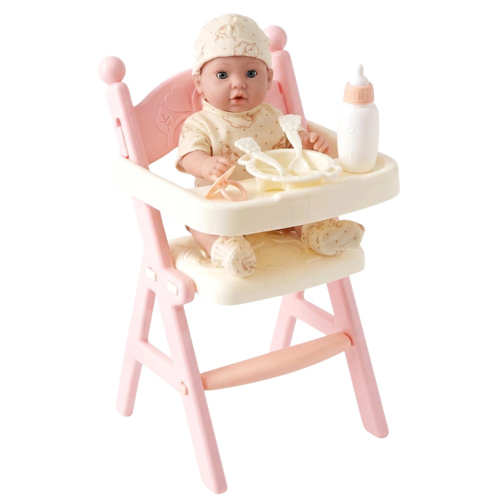 Bibi Doll Baby Doll with High Chair Feeding Accessories Pink Nursery Role Play Toy 3+ Kids