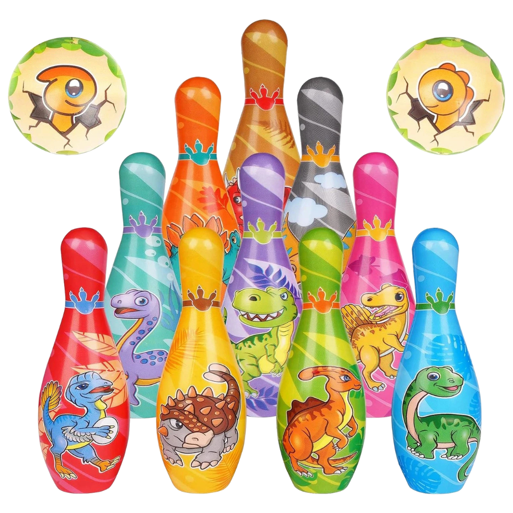 Kids Dinosaur Bowling Set 10 Pins & 2 Balls Soft Foam Skittles Game