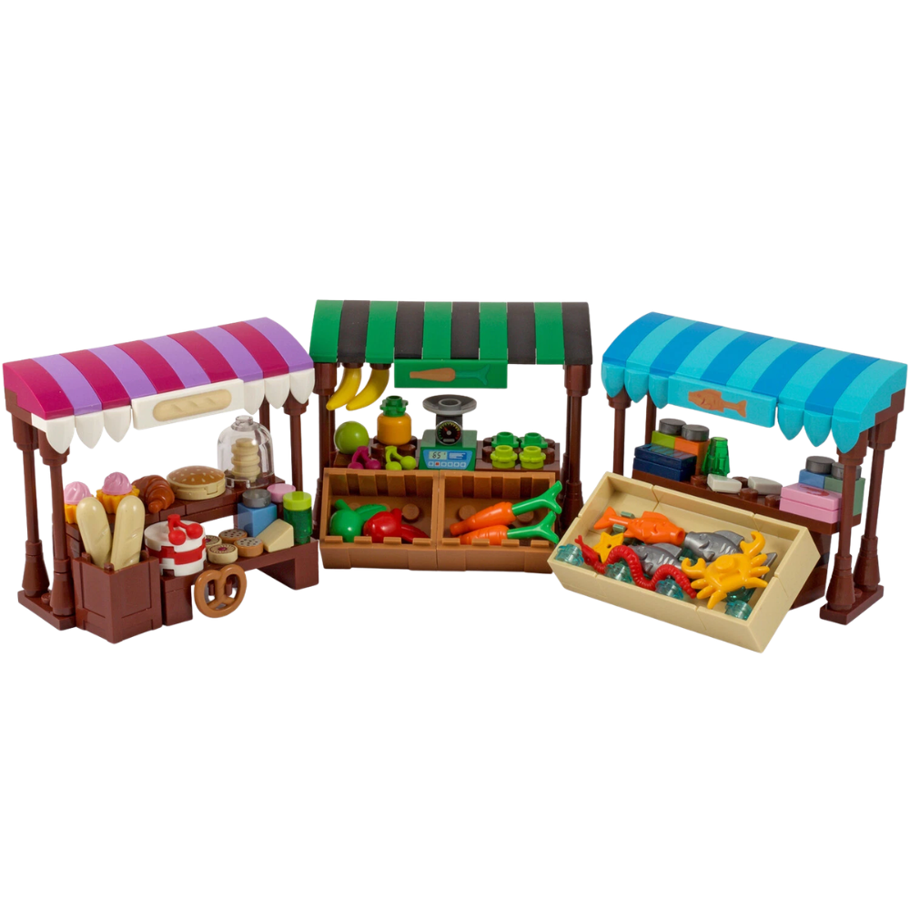 LEGO Market Stall Set with Bakery, Fruit & Veg and Fishmonger Shops MOC Kit