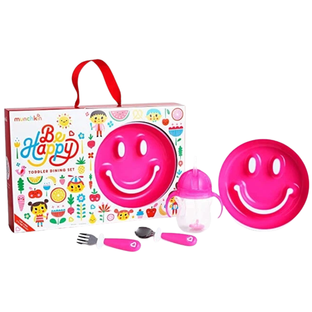 Munchkin Be Happy Toddler Dining Set Pink, Suction Plate, Straw Cup, Fork and Spoon
