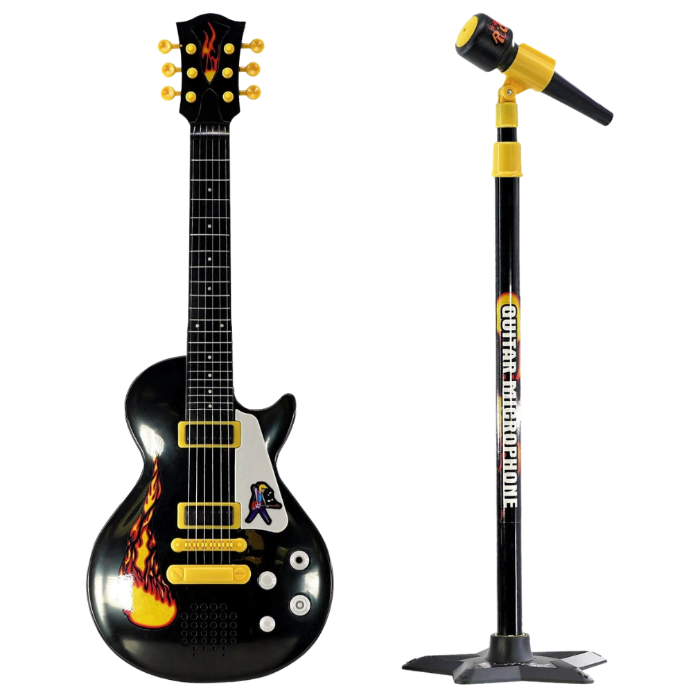22" Kids Electric Rock Star Guitar & Microphone Set Musical Toy Adjustable Stand Black Gift