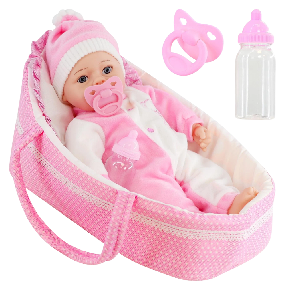 15" Baby Girl Doll with 16 Sounds, Bottle, Dummy & Carry Cot Kids Toy Set Bibi Doll Bundle