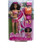 Barbie Beach Doll Brunette Posable Figure with Surfboard Puppy Accessories Toy 3+