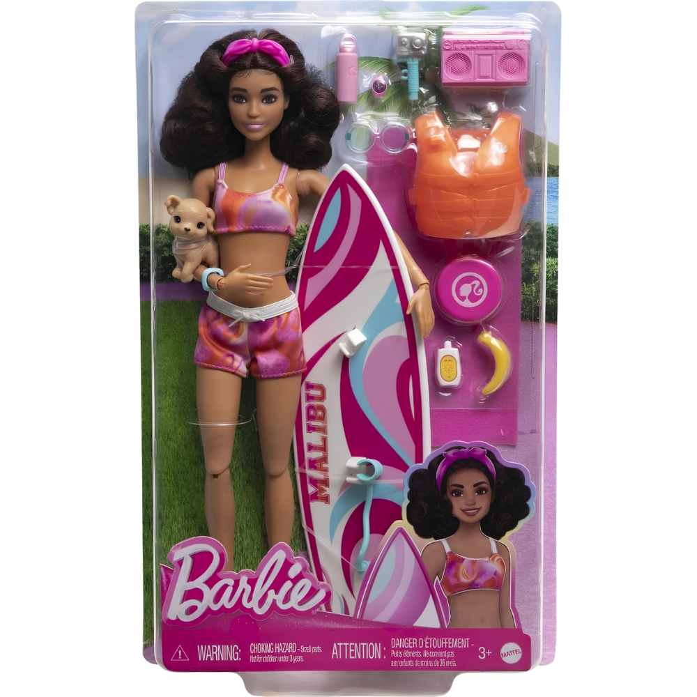 Barbie Beach Doll Brunette Posable Figure with Surfboard Puppy Accessories Toy 3+