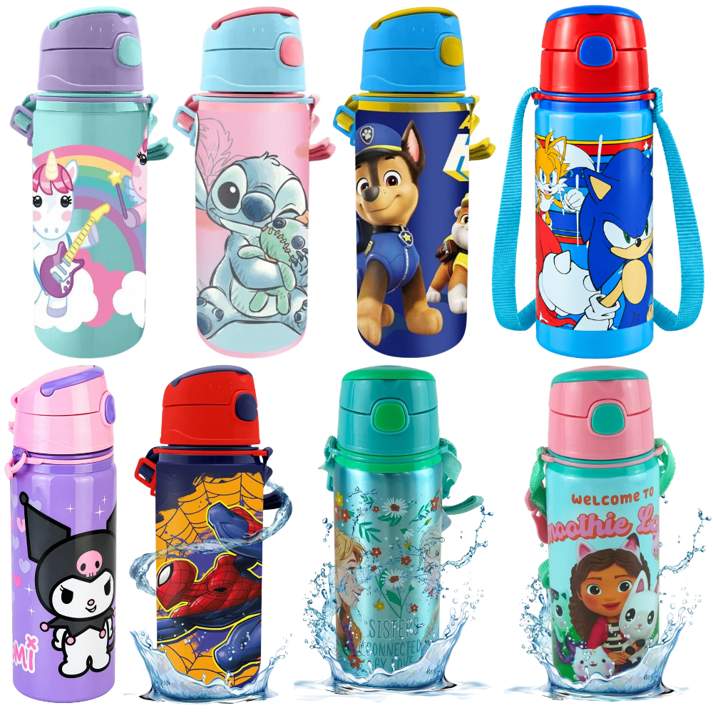 Back to School Kids Aluminium Flask 600ml Push Button Hot Cold Water Bottle