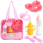 6 Pcs Baby Doll Feeding Set with Magic Milk Bottle Pink Carry Bag & Doll Accessories