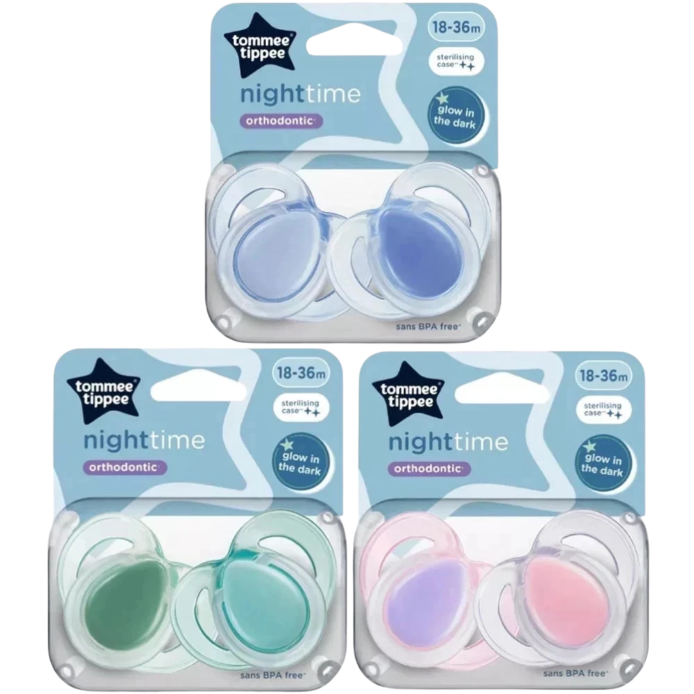 Tommee Tippee 6-Pack Night Glow Soothers 18 Months+, Orthodontic Silicone Dummies with Steriliser