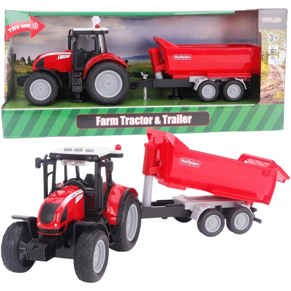Toyland 37cm Red Tractor & Trailer with Lights Sound Friction Farm Toy 3+