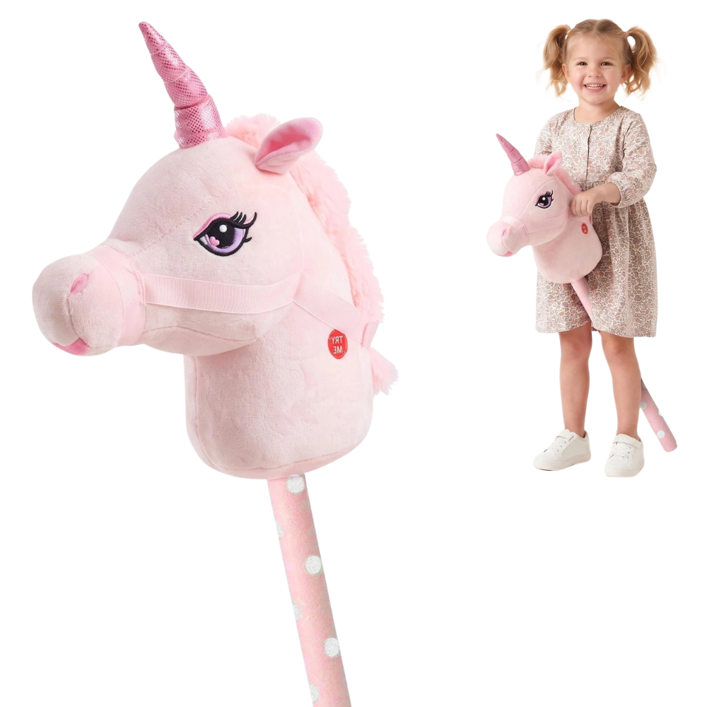 Pink Unicorn Hobby Horse Stick Toy with Galloping Sounds Ride On Pretend Play 81cm