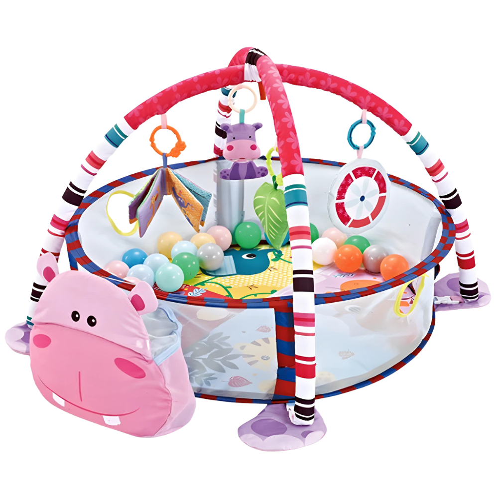 3-In-1 Foldable Hippo Baby Play Mat Gym with Storage, Hanging Toys and Colourful Balls