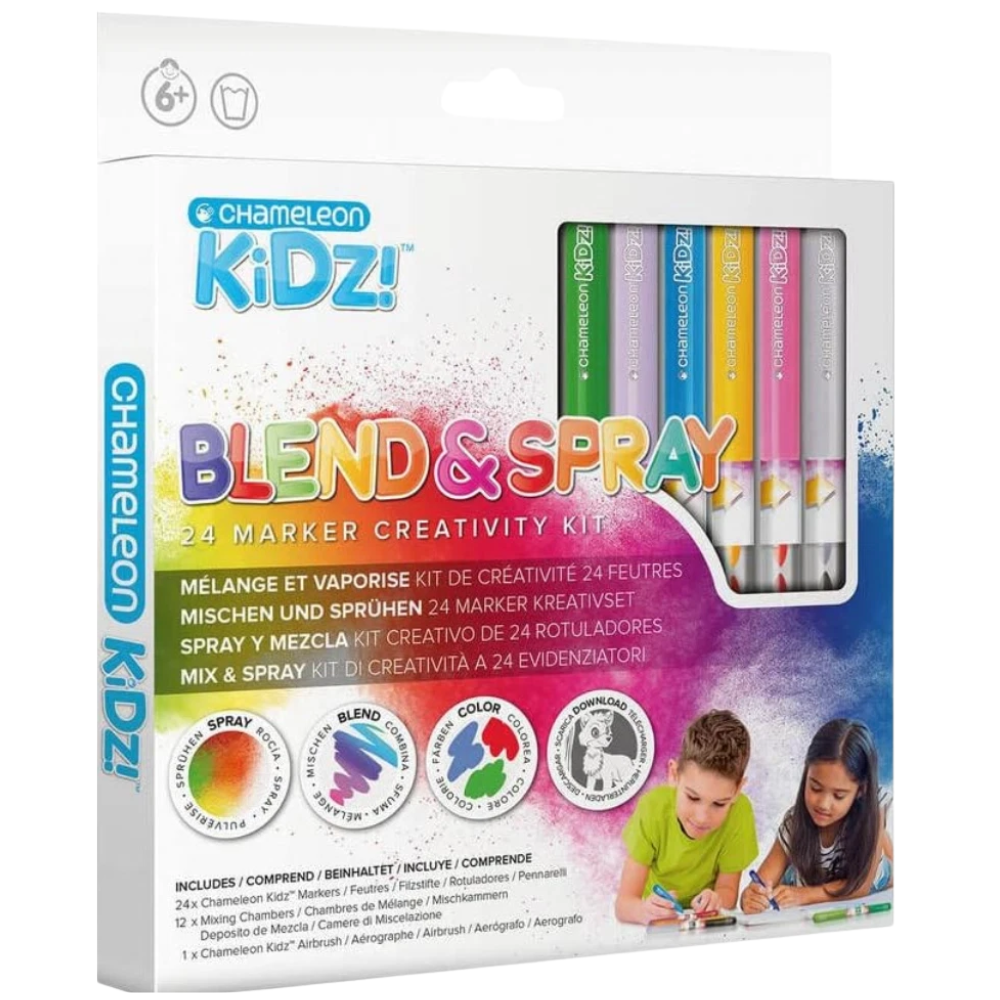 Chameleon Kidz Blend & Spray 24 Marker Creativity Kit for Kids Art Drawing Craft Set