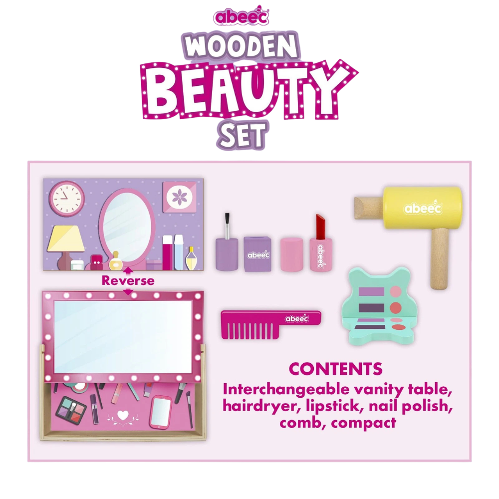 Abeec Wooden Beauty Set Pretend Makeup Vanity for Toddlers with Hairdryer Lipstick & Comb
