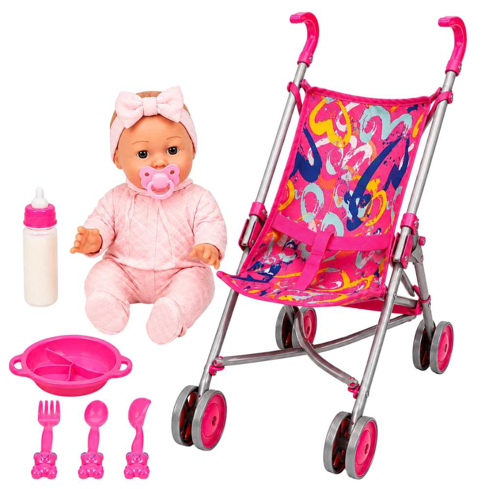 Baby Doll with Toy Stroller Pushchair Dummy Magic Bottle & Feeding Accessories Set