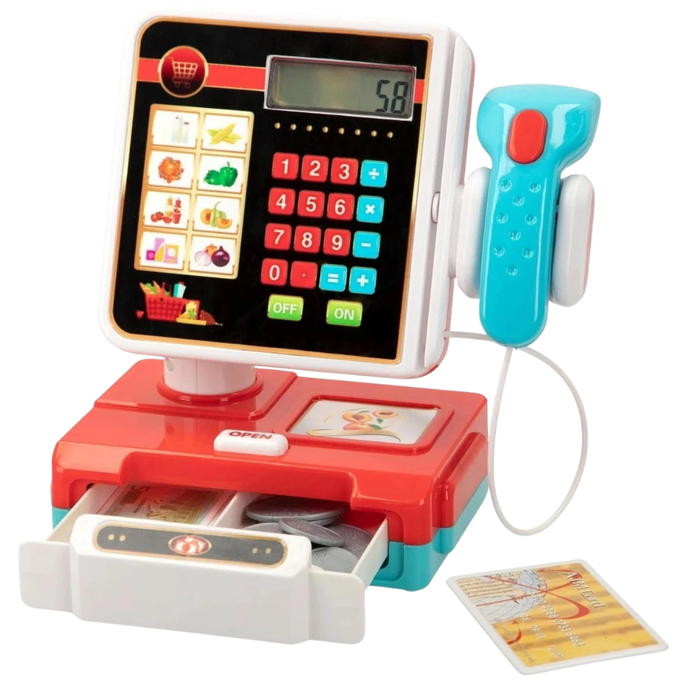 Kids Electronic Cash Register Toy with Lights & Sounds Supermarket Till & Money Set Red