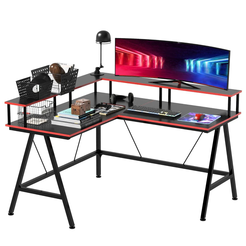 Gaming Corner Desk with Monitor Shelf – 140x130cm, Black/Red