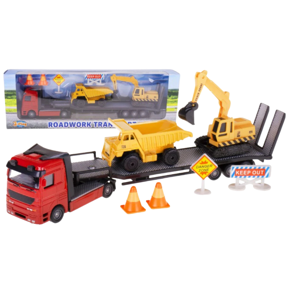 Hipo Diecast Transporter Truck with Excavator and Dump Truck Construction Toy Set 1:64 Scale