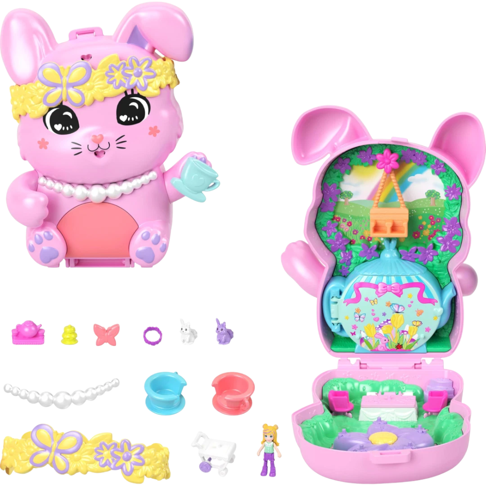 Polly Pocket Tea Party Bunny Compact Playset with Micro Doll and Accessories for Kids