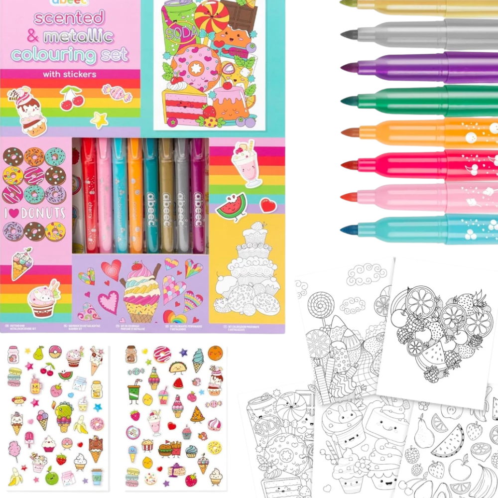 Abeec Sweet Treats Scented Metallic Colouring Set 8 Markers Stickers Art Kit 3+ Kids