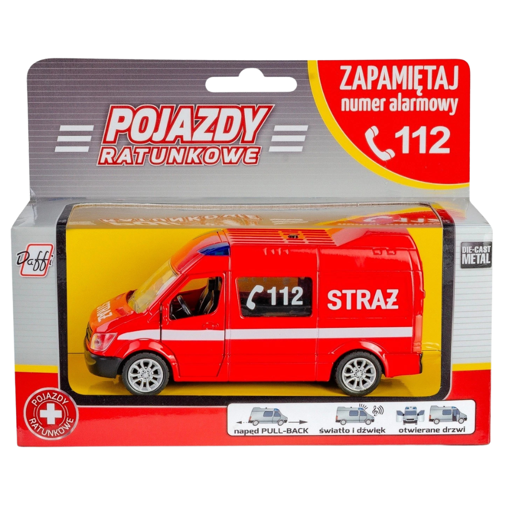 Daffi Mercedes-Benz Polish Fire Brigade Diecast Toy Car Pull Back Lights Sound 1:39–1:43