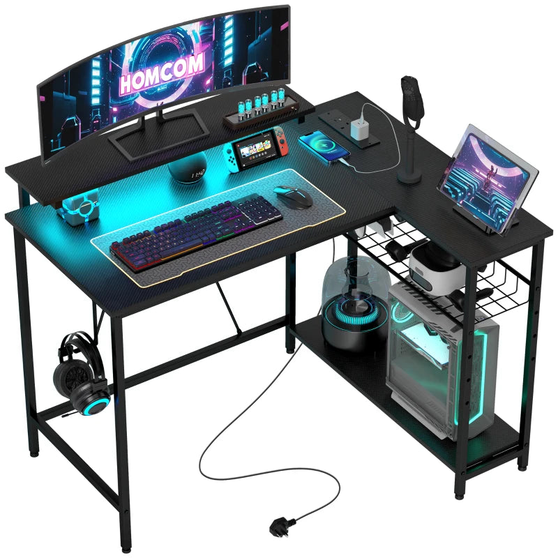 LED Light Reversible L-Shaped Gaming/Work Desk – Black