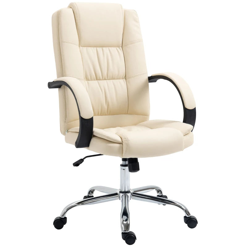 Beige Office Chair – PU Leather Desk Chair with 13cm Padded Seat, Swivel & Wheels
