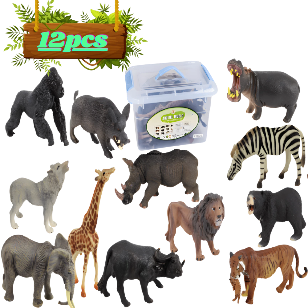 RLS 12 Piece Jumbo Safari Animal Figures Set with Storage Box, Wild Africa Toys for Kids
