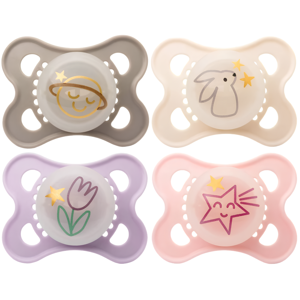MAM Night Soothers 0-6 Months Twin Pack, Glow in the Dark Orthodontic Silicone Pacifiers