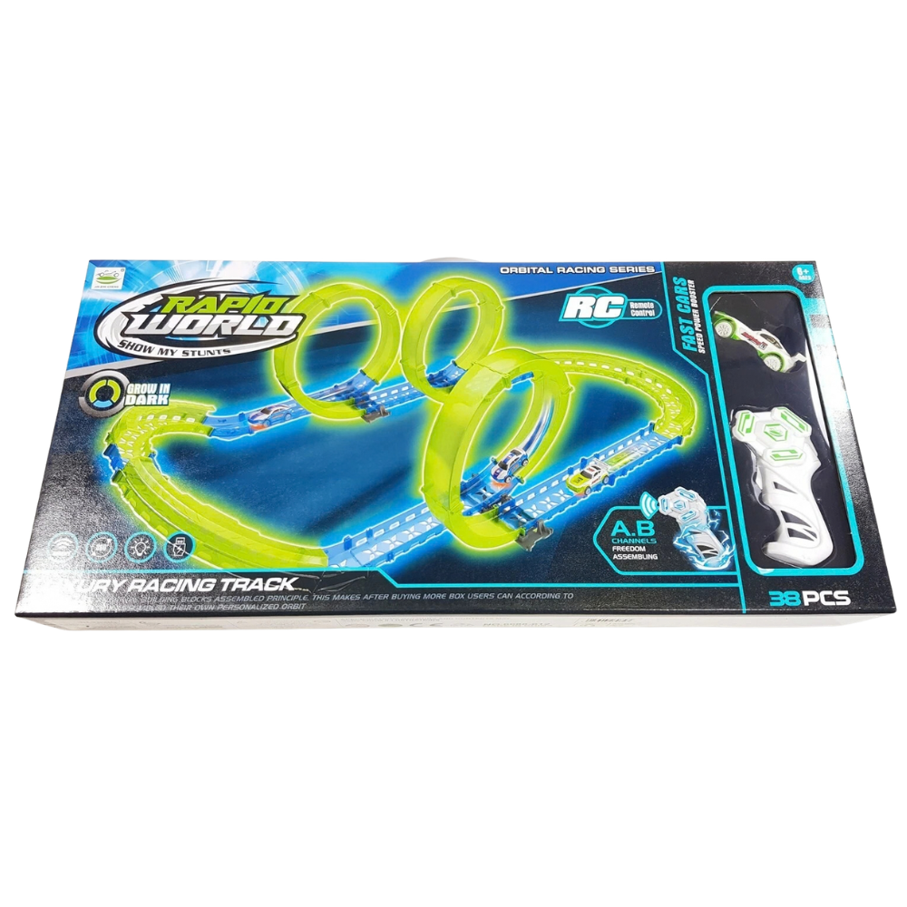 Glow in the Dark Slot Car Race Track Set 38pcs 3 Loops RC Car Stunt Racing Kids 6+