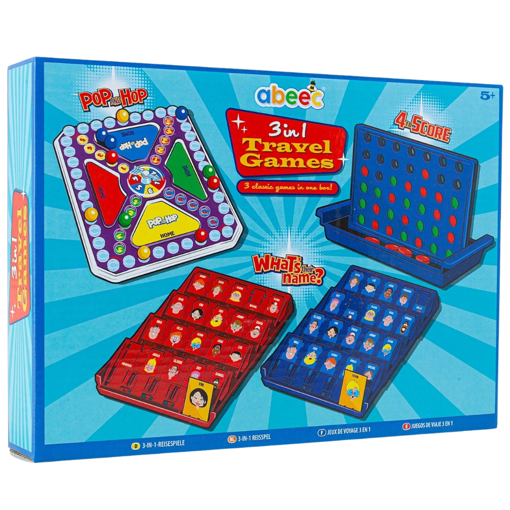 3-In-1 Travel Games Set for Kids Pop & Hop Four in a Row Noughts & Crosses Holiday Fun