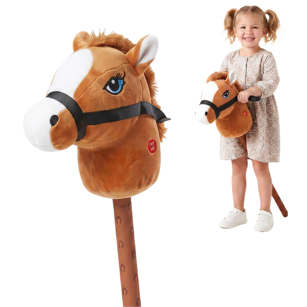 Brown Hobby Horse on Stick 73cm Plush Toy with Galloping Neighing Sounds for Kids Age 3+