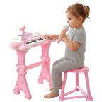 Kids Pink Piano Keyboard with Microphone Stool Record Playback Musical Toy Set 24 Key Fun