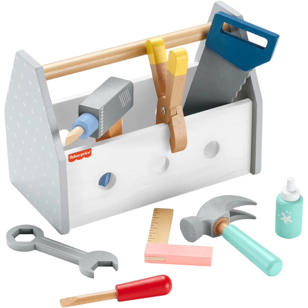 Fisher-Price Wooden Toolbox Playset 9 Piece Kids Pretend Tool Set 3+