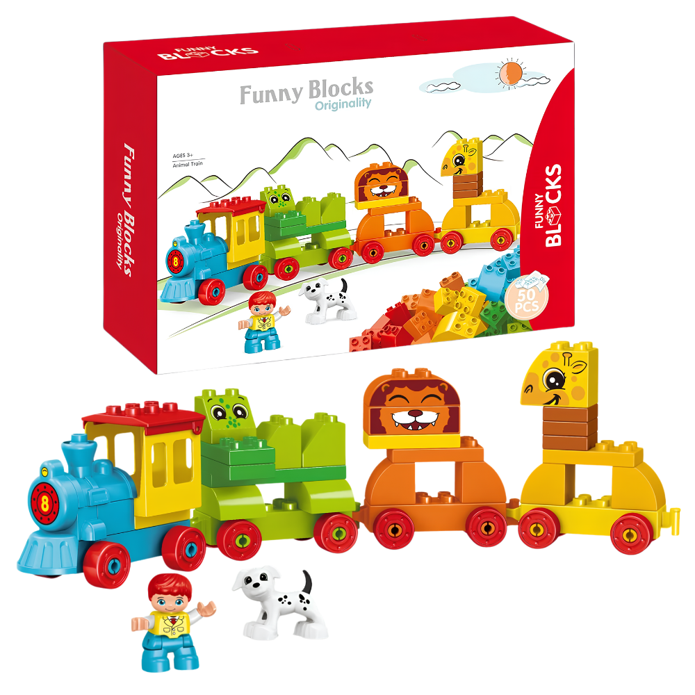 50PCS Animal Train Building Blocks Set with Puppy Figure Toy for Kids Ages 3+ Perfect Gift