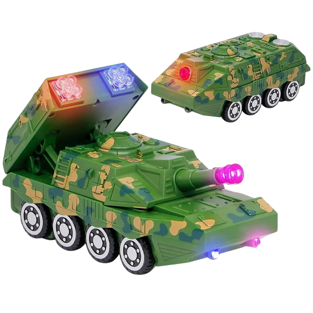 Pebble Hug Mini Military Tank Toy Car with Lights Movable Rocket Sounds for Kids