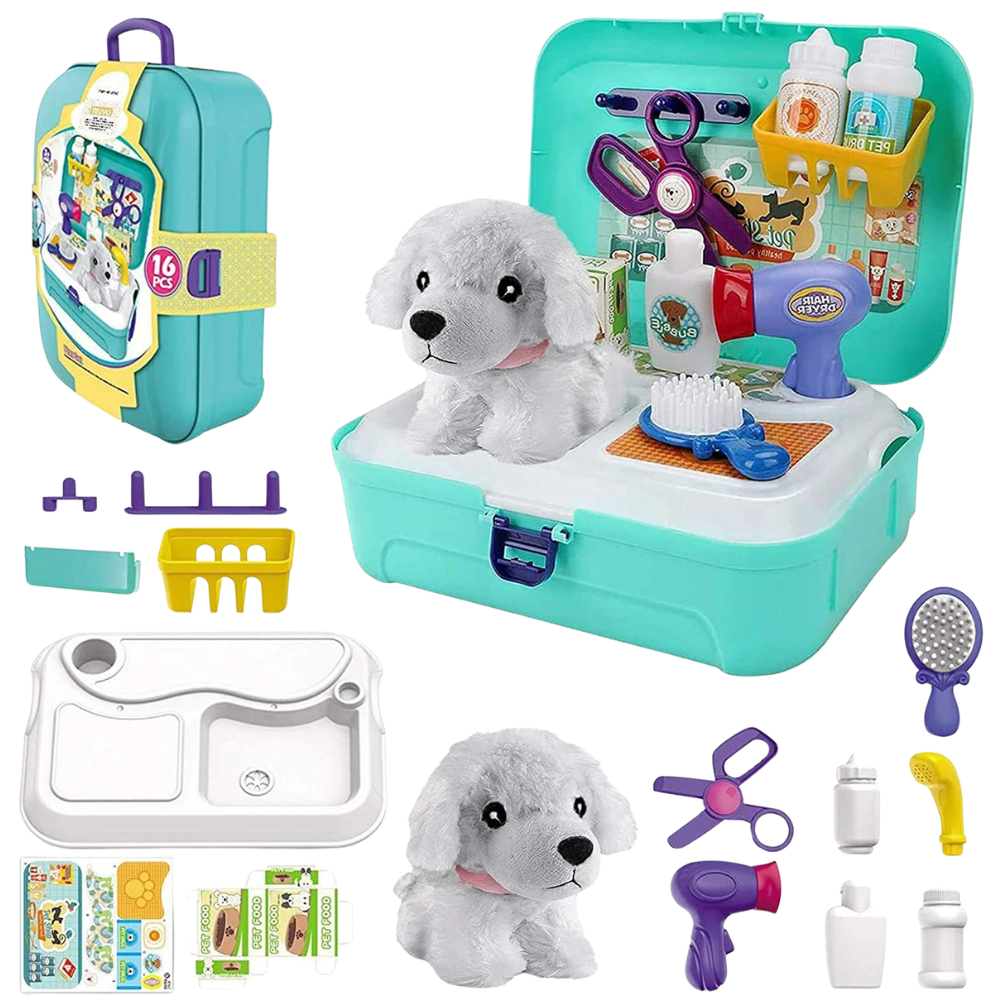 Kids Pretend Pet Grooming Vet Playset 16 Pieces Puppy Dog Carrier Backpack Toy