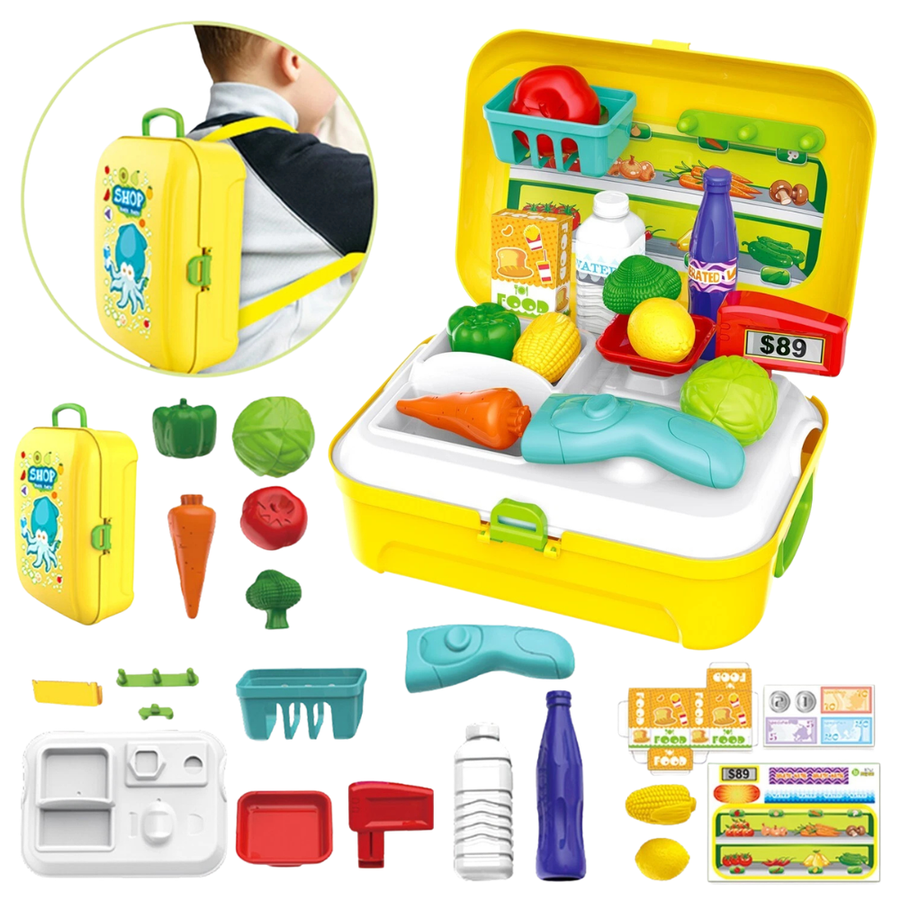 Kids Pretend Shopping Cart Trolley Toy with Food for Educational Role Play and Fun