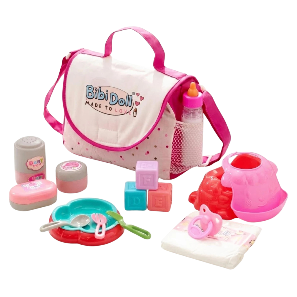 Bibi Doll Baby Doll Changing Bag 16 Piece Set Nappy Magic Bottle Potty Feeding Accessories