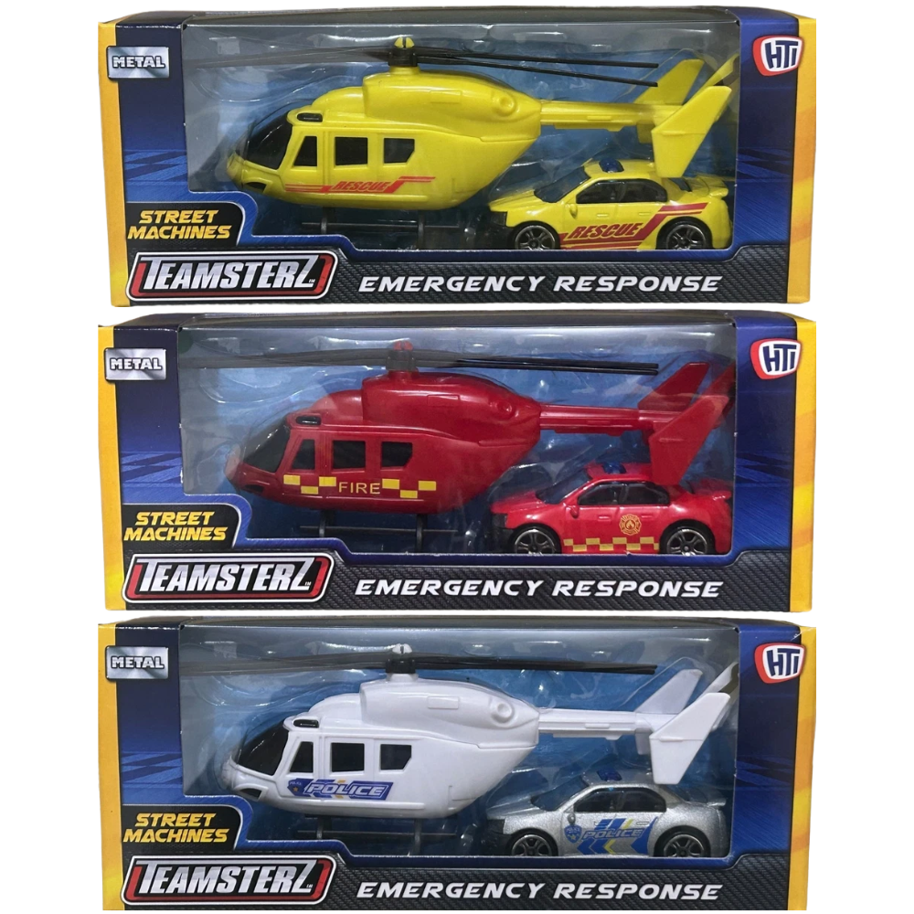 Teamsterz Rescue Fire Police Helicopter and Car Playset Diecast Toy 1:64–1:87