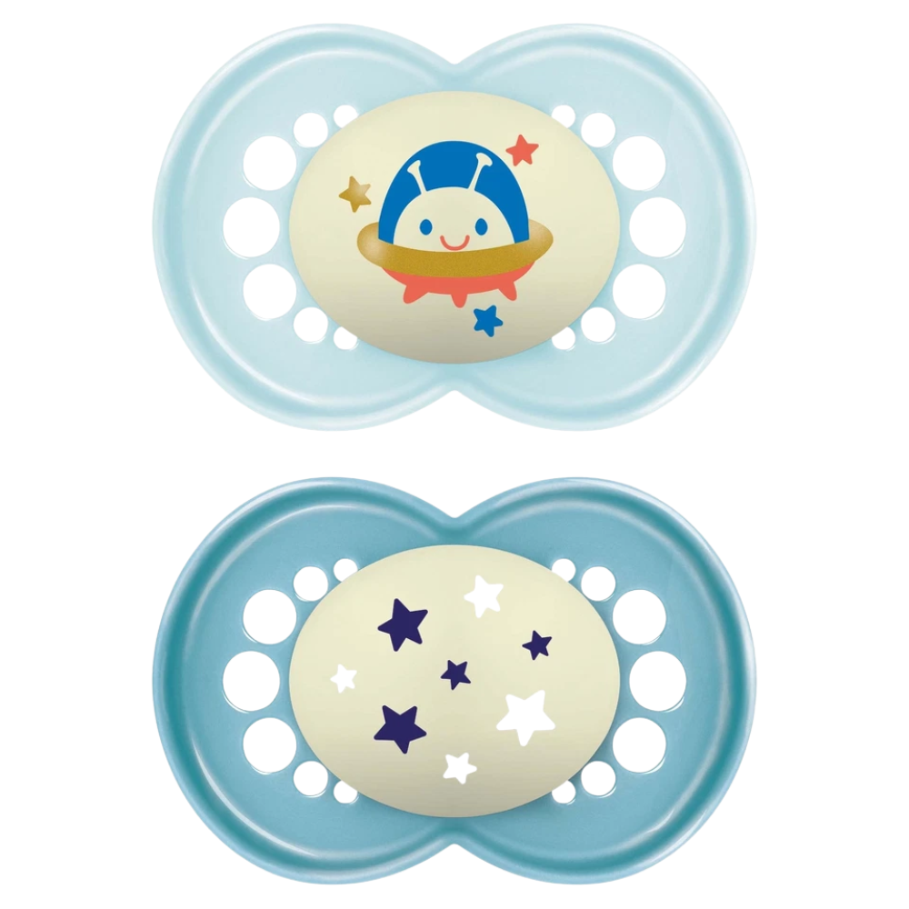 MAM Night Soothers 18–36 Months Astro 2-Pack Glow in the Dark Orthodontic BPA-Free
