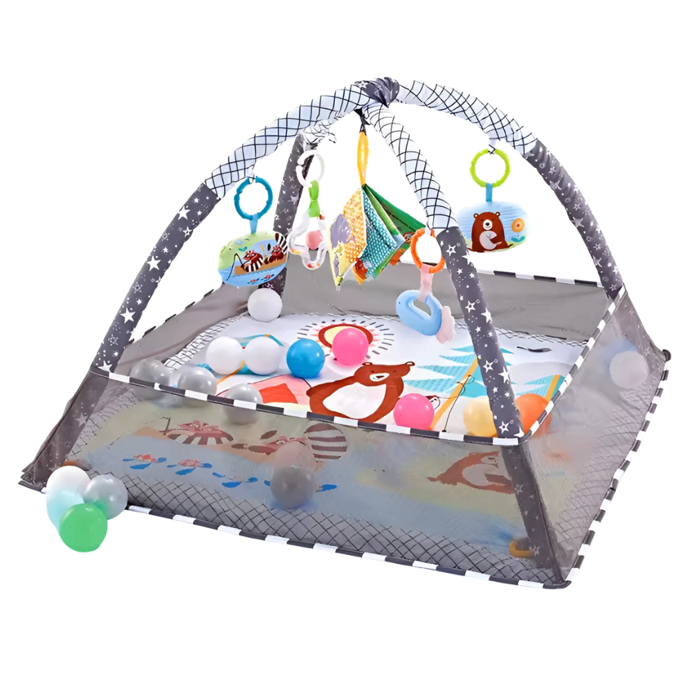 RLS Grey Baby Activity Gym Play Mat with Safety Net, 5 Hanging Toys and 18 Ocean Balls