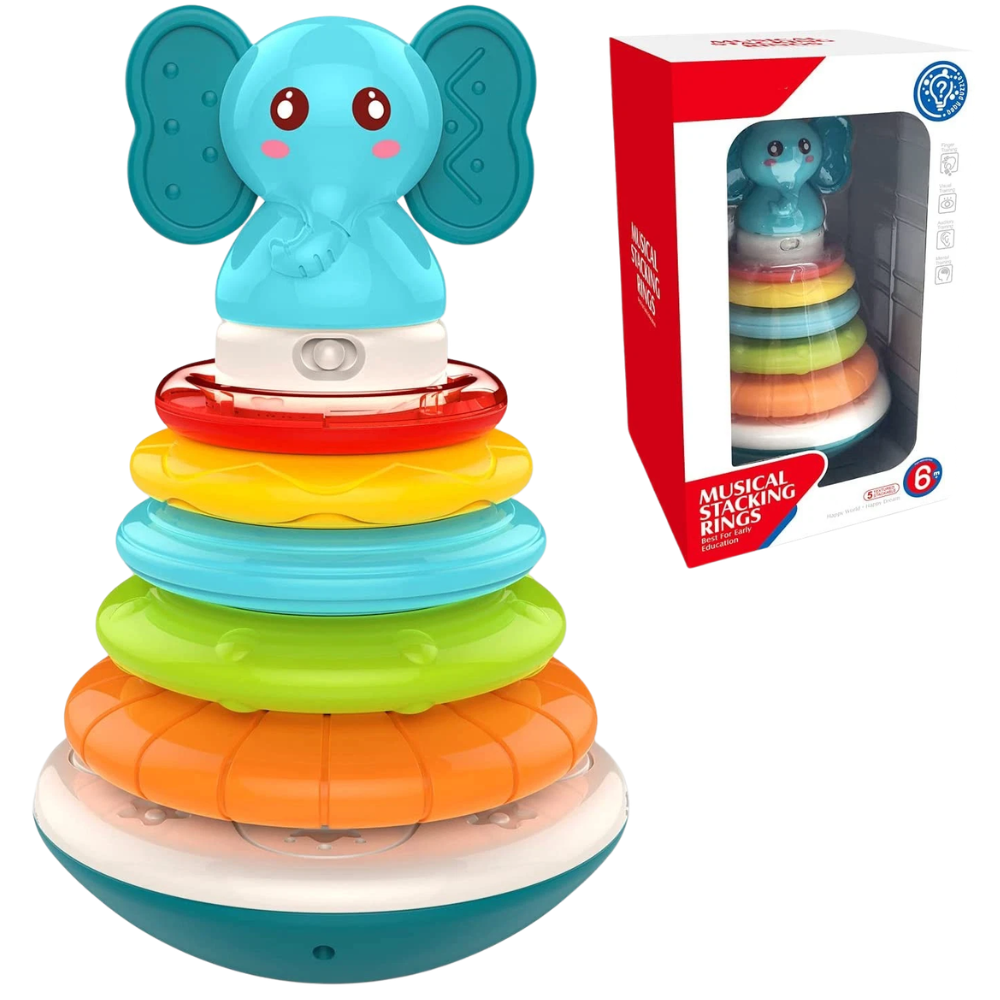 Musical Elephant Stacking Rings Toy for Babies with Rainbow Colours and Teether 6 Months+