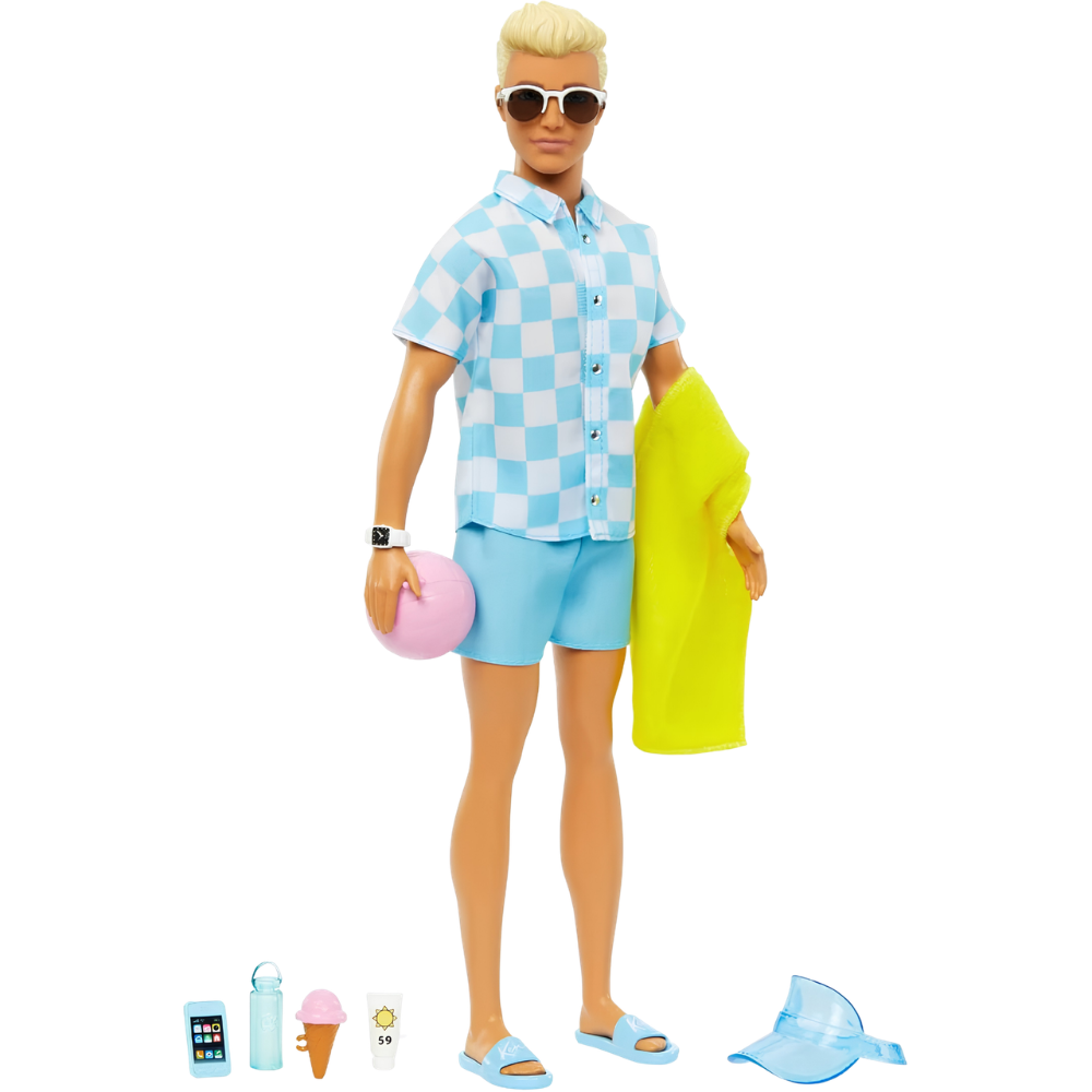 Barbie Ken Beach Doll Blonde Hair Blue Shirt Swim Trunks Accessories Towel Toy 3+